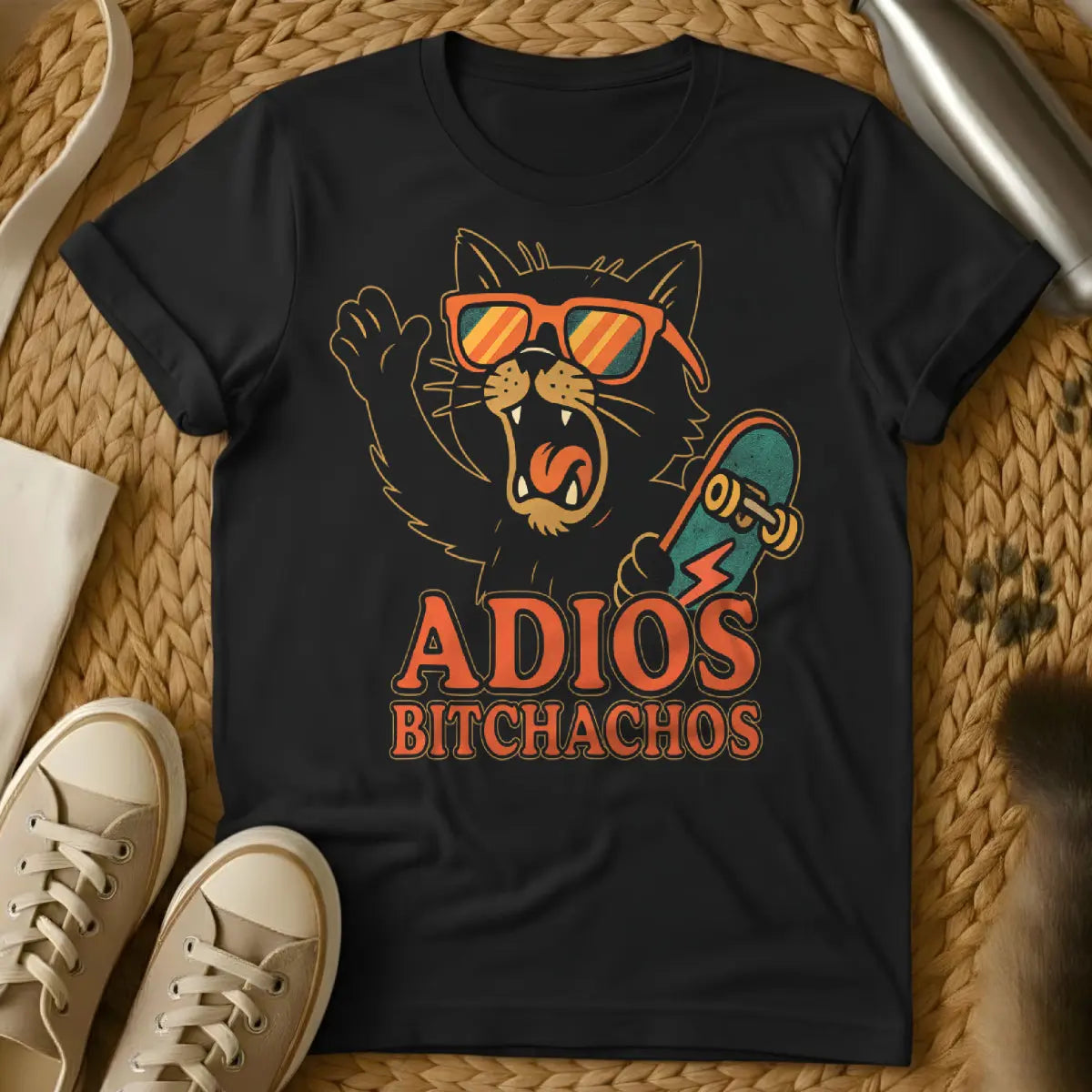 Adios Bitchachos Cat Shirt - Black T-Shirt - cat mic drop, dramatic cat farewell, feline diva exit
