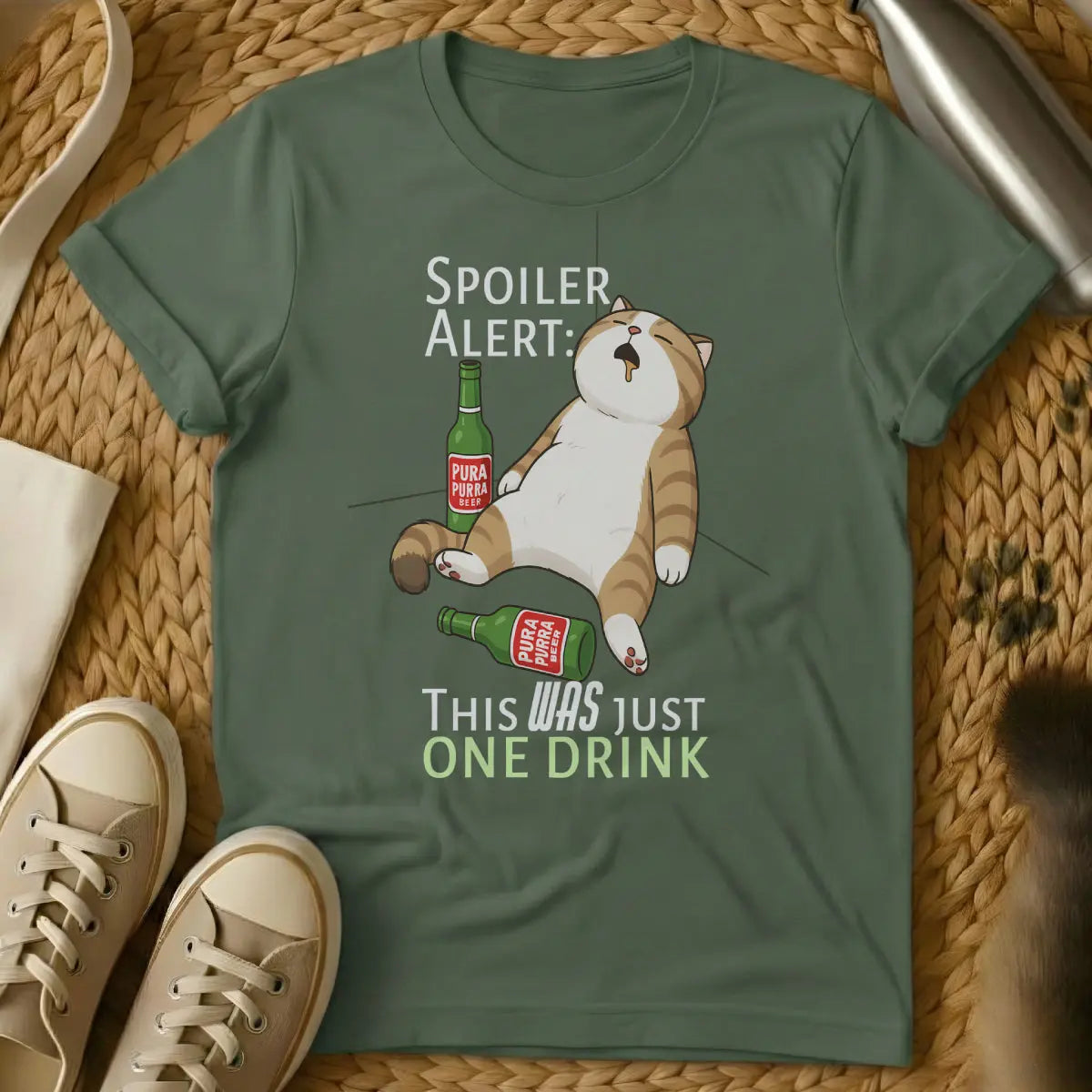 Alcohol Cat Shirt - Military Green T-Shirt - boozy feline, homebody aesthetic, hyggecore