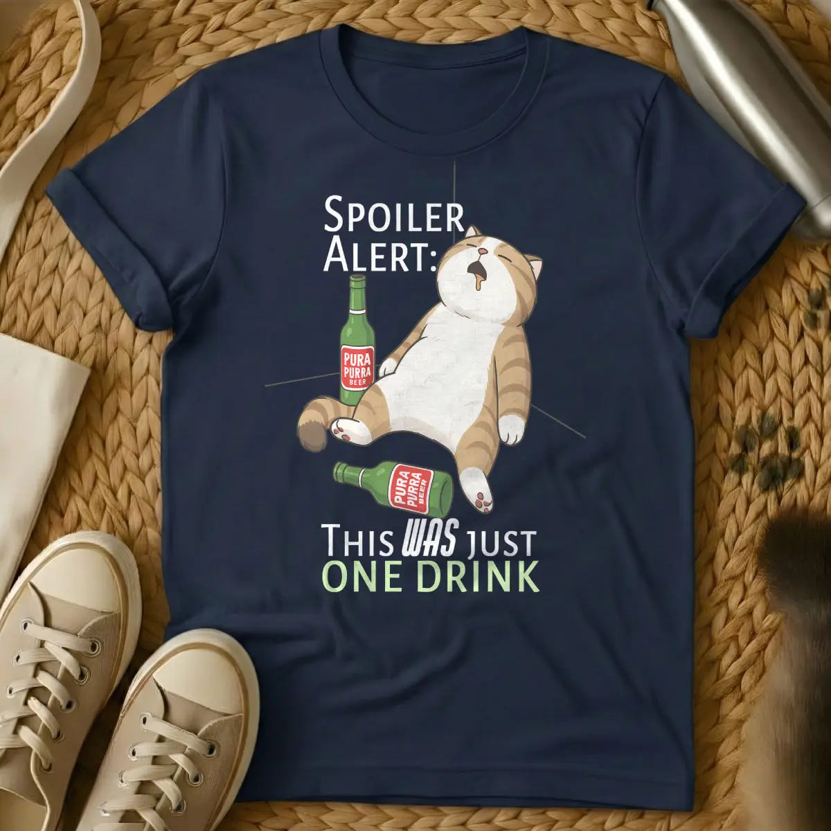 Alcohol Cat Shirt - Navy T-Shirt - boozy feline, homebody aesthetic, hyggecore