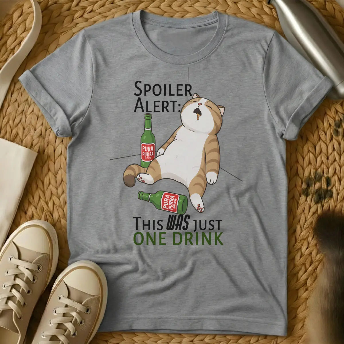 Alcohol Cat Shirt - Gray T-Shirt - boozy feline, homebody aesthetic, hyggecore