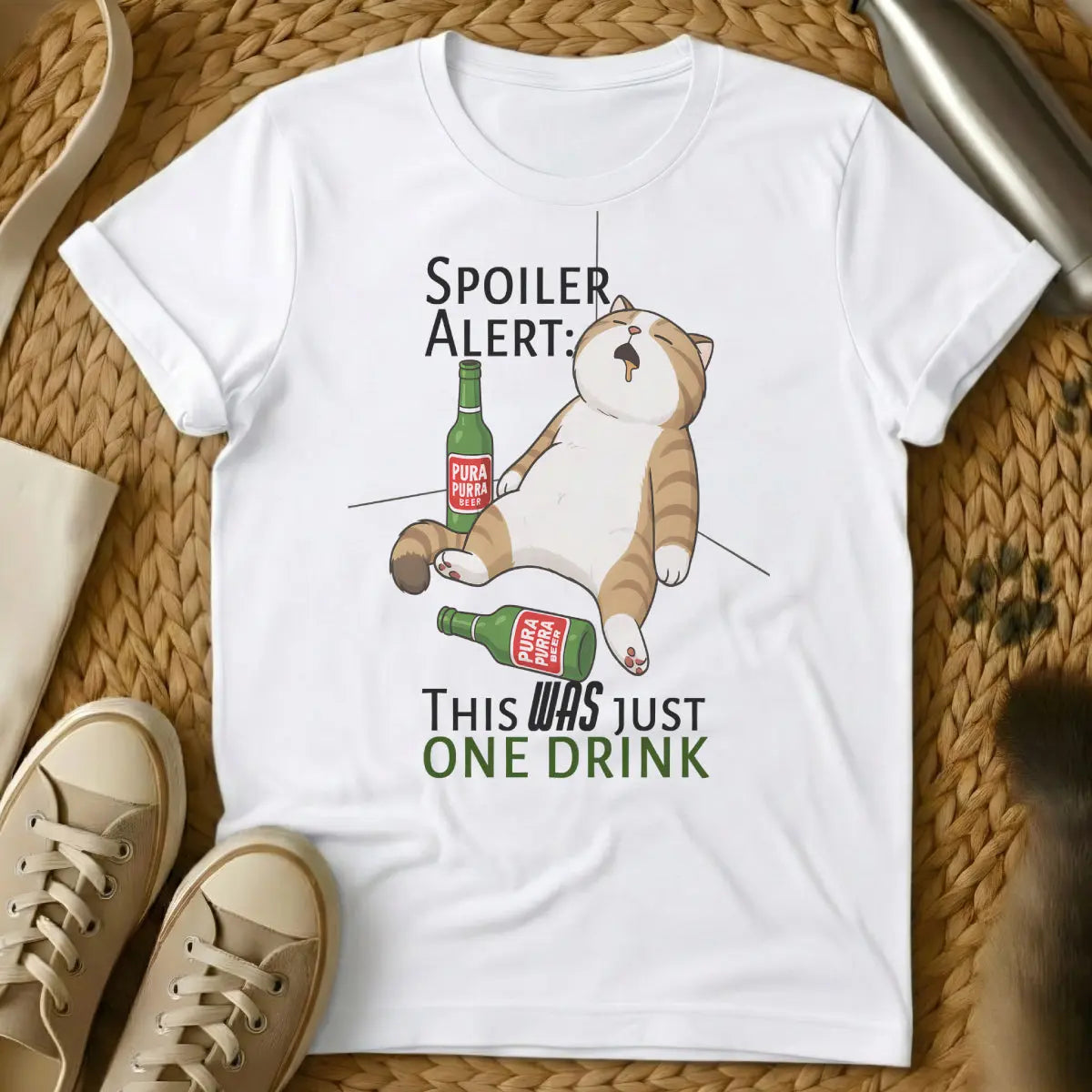 Alcohol Cat Shirt - White T-Shirt - boozy feline, homebody aesthetic, hyggecore