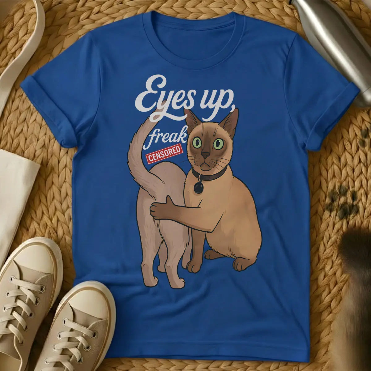 Eyes Up Here Cat Shirt - Blue T-Shirt - attention redirection, guilt trip cat, silent communicator