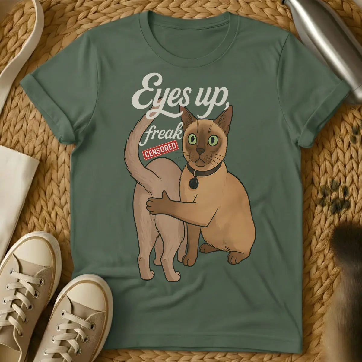 Eyes Up Here Cat Shirt - Military Green T-Shirt - attention redirection, guilt trip cat, silent communicator