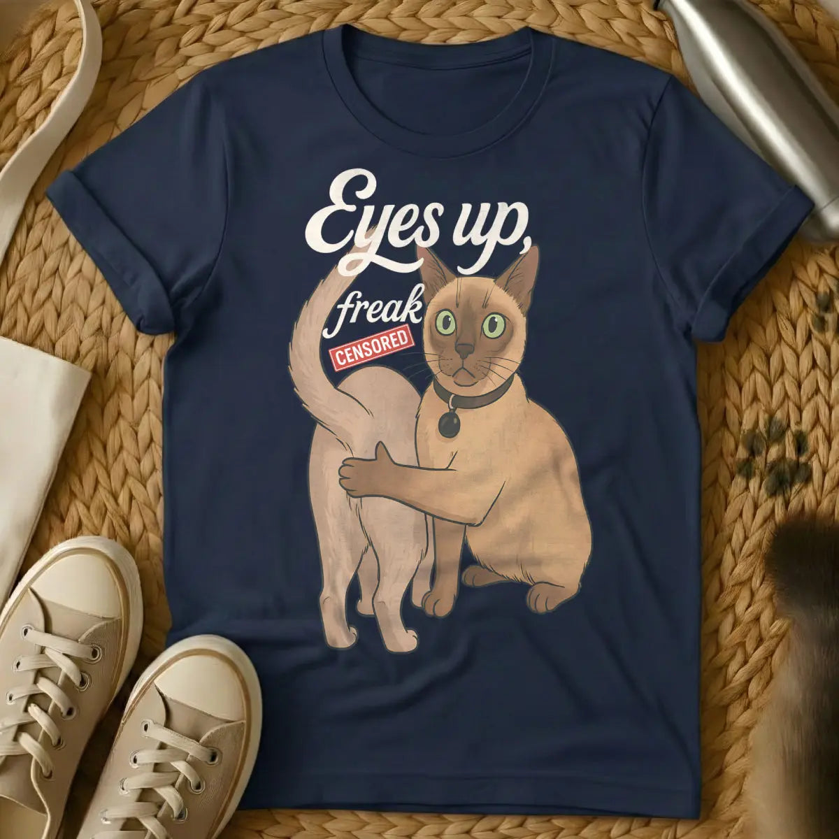Eyes Up Here Cat Shirt - Navy T-Shirt - attention redirection, guilt trip cat, silent communicator