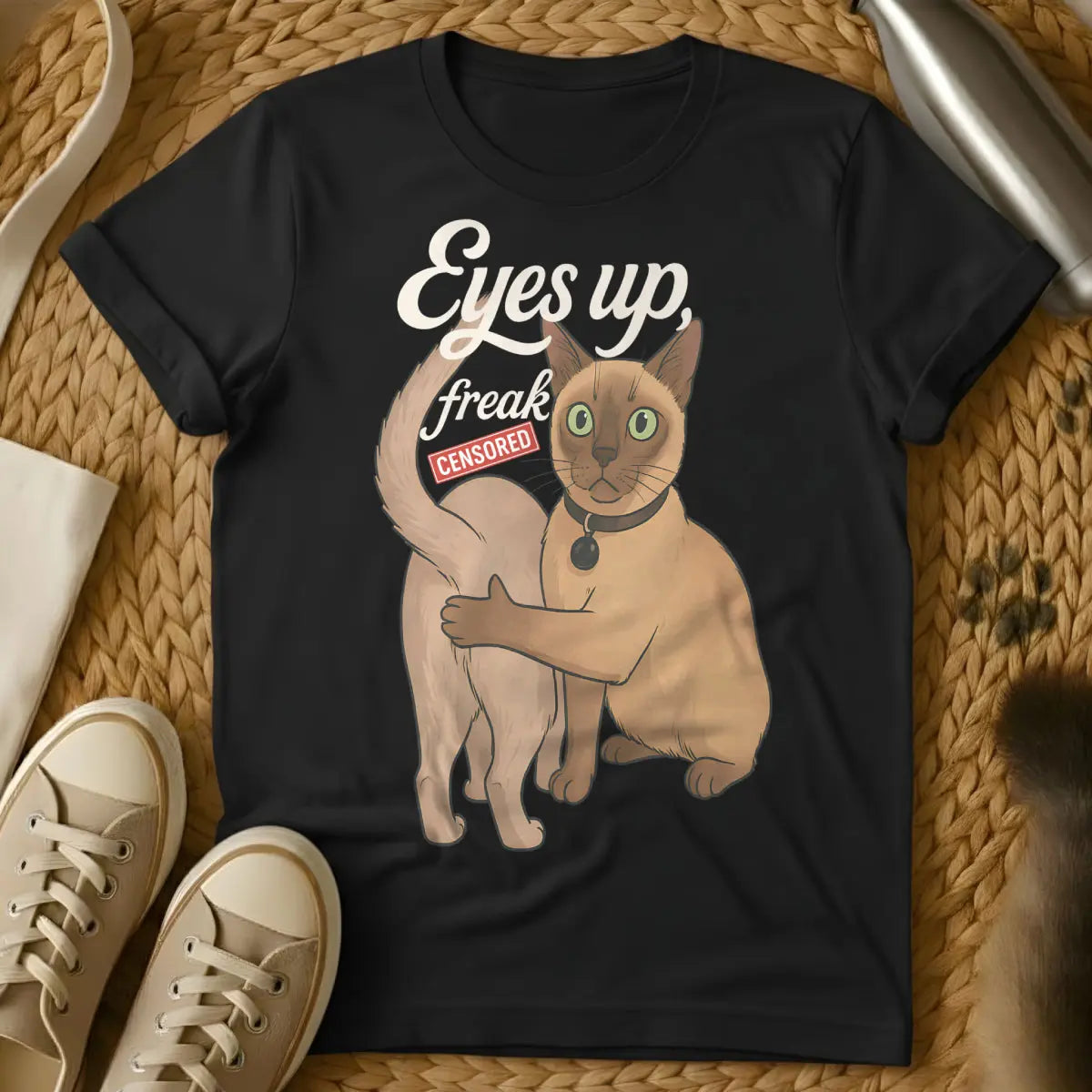 Eyes Up Here Cat Shirt - Black T-Shirt - attention redirection, guilt trip cat, silent communicator