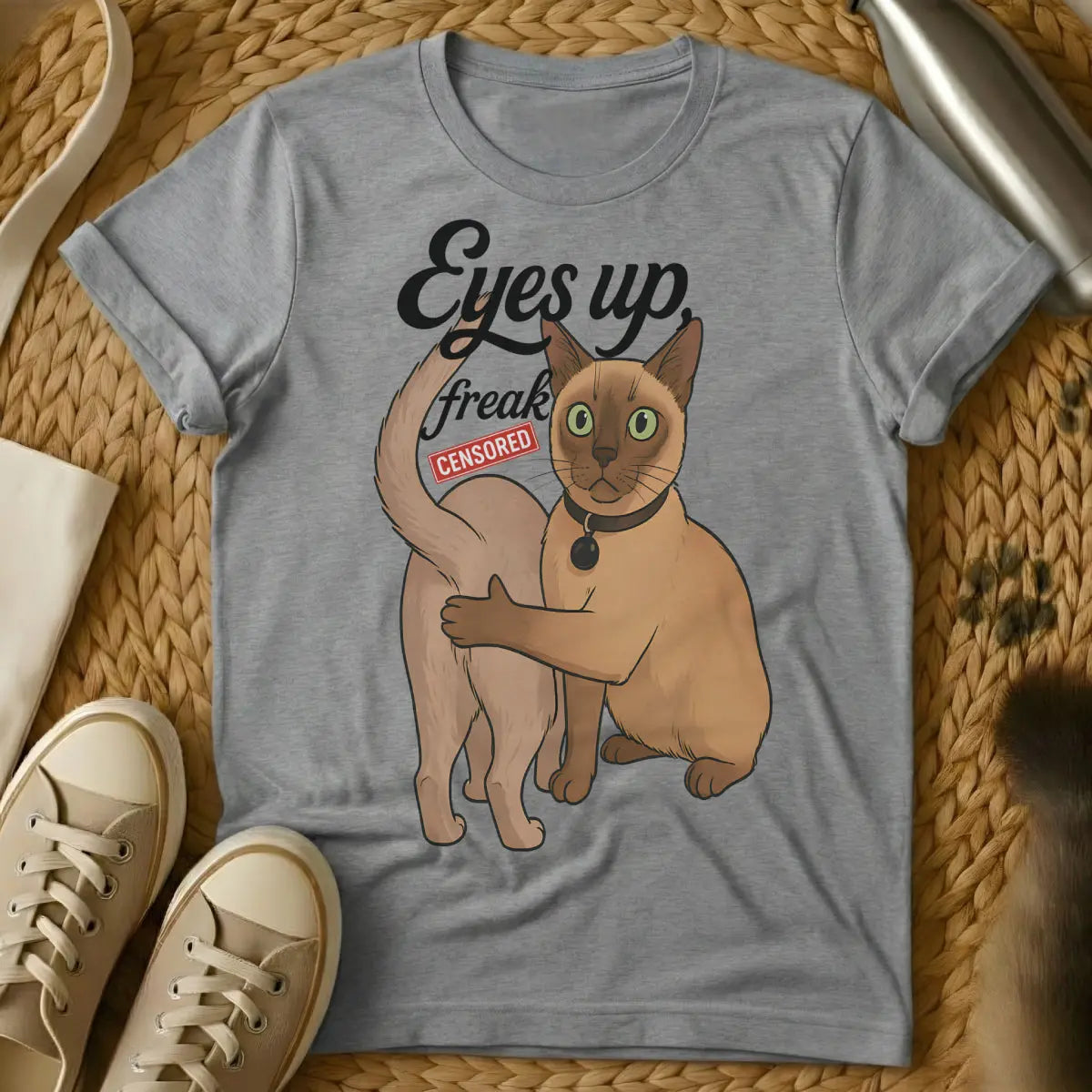 Eyes Up Here Cat Shirt - Gray T-Shirt - attention redirection, guilt trip cat, silent communicator