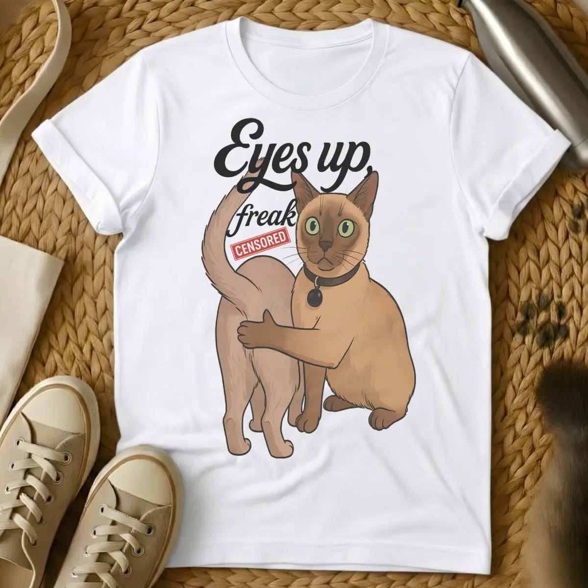 Eyes Up Here Cat Shirt - White T-Shirt - attention redirection, guilt trip cat, silent communicator