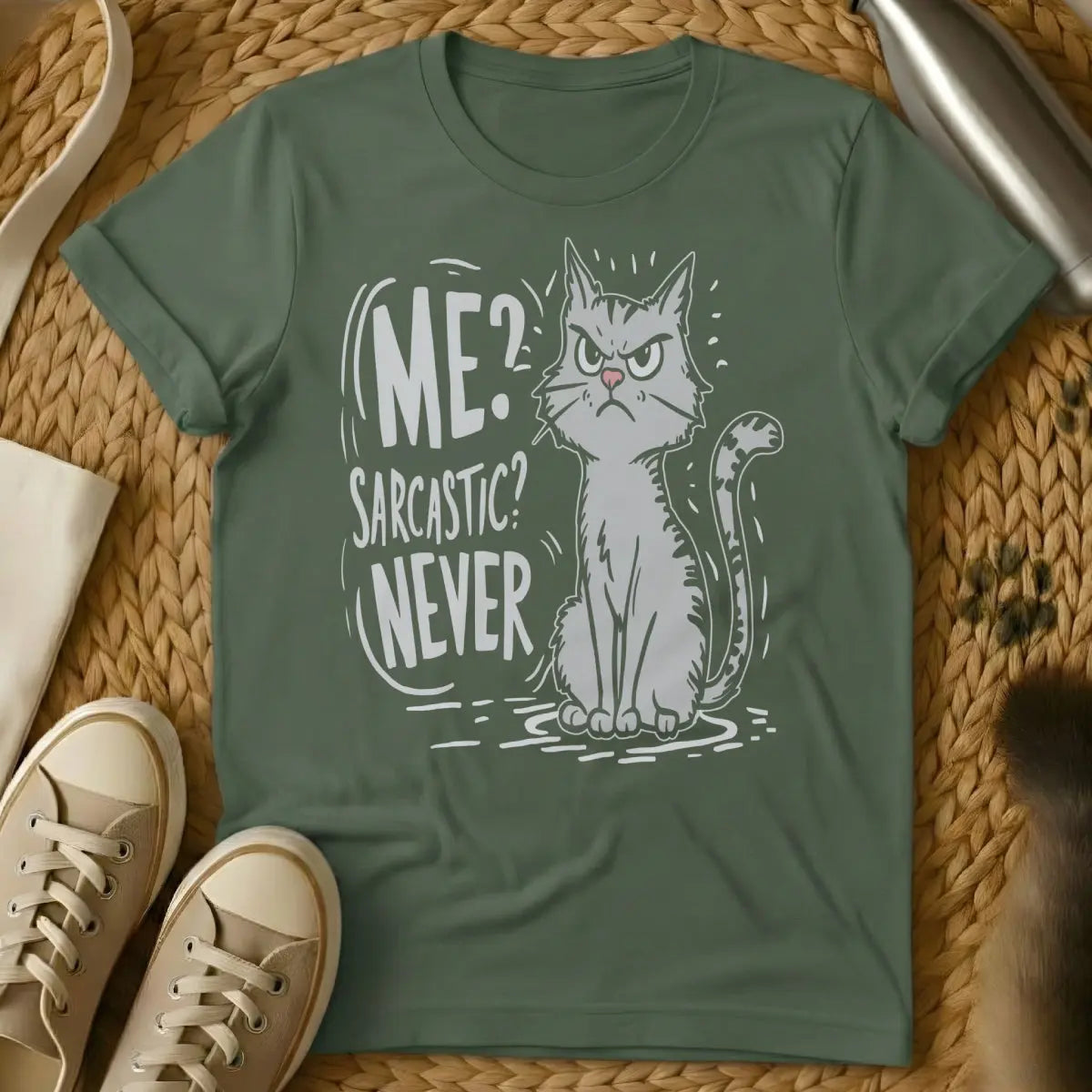Sarcastic Cat T-Shirt - Military Green Cat T-Shirt