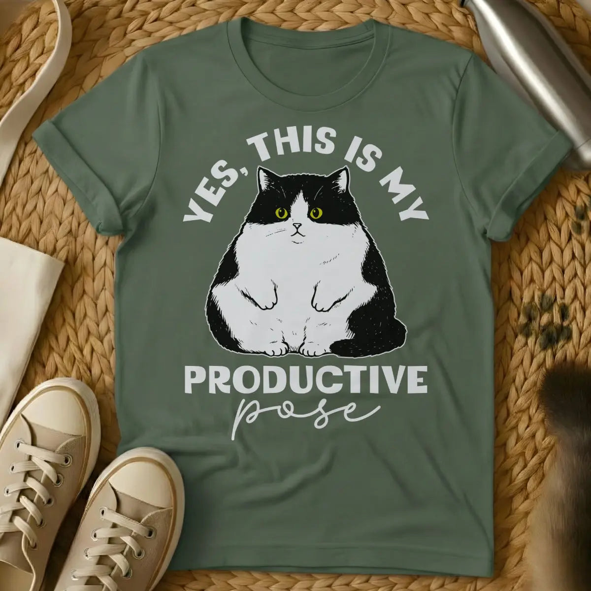 Productive Cat Tee - Military Green Cat T-Shirt