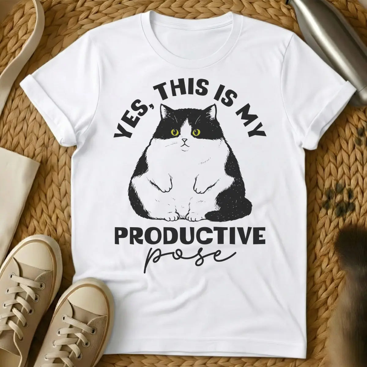 Productive Cat Tee - White Cat T-Shirt