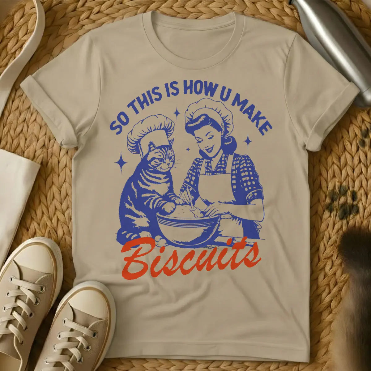 Biscuits Cat T-Shirt - Sand T-Shirt - approved surface club, biscuit making feline, cat kneading art