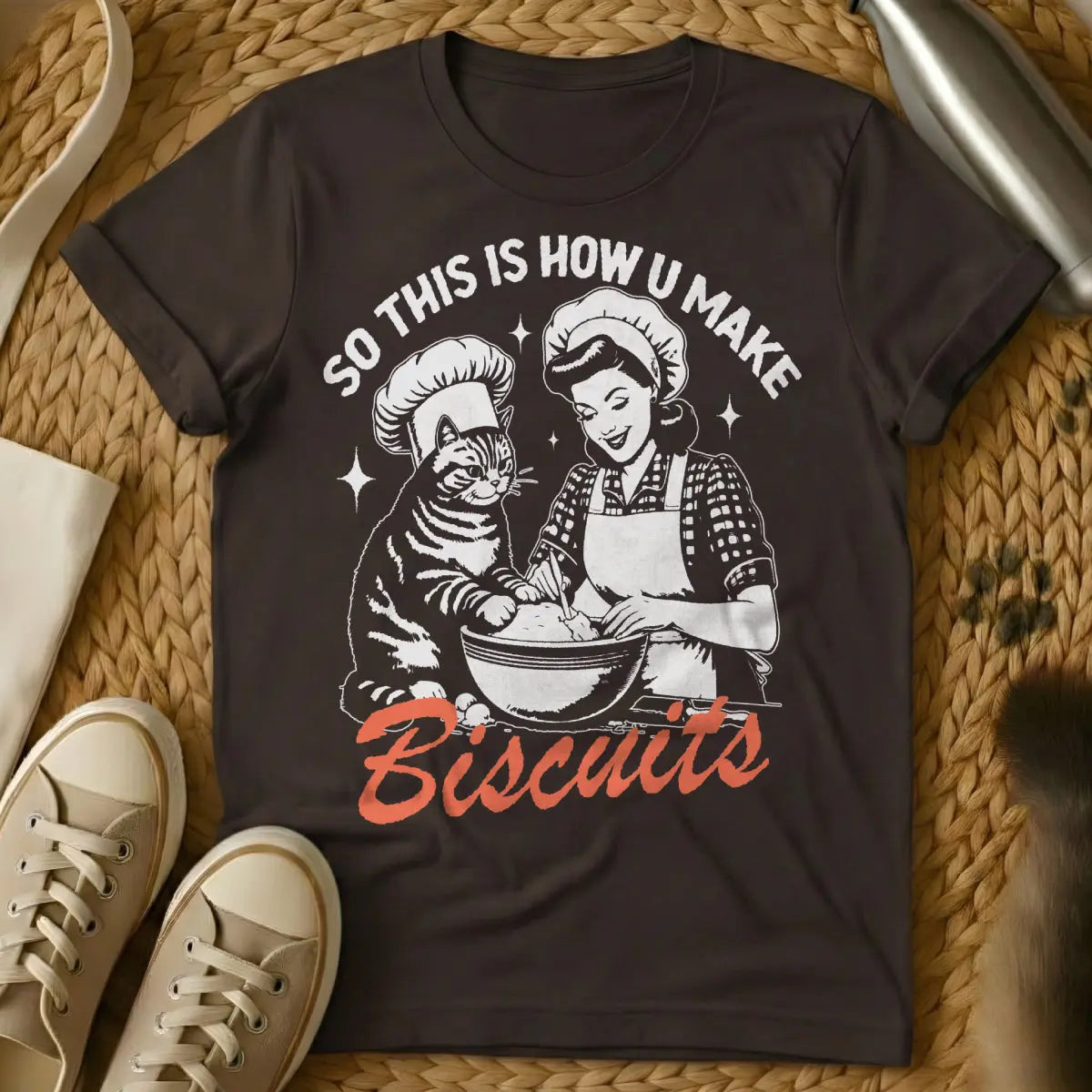 Biscuits Cat T-Shirt - Dark Chocolate T-Shirt - approved surface club, biscuit making feline, cat kneading art