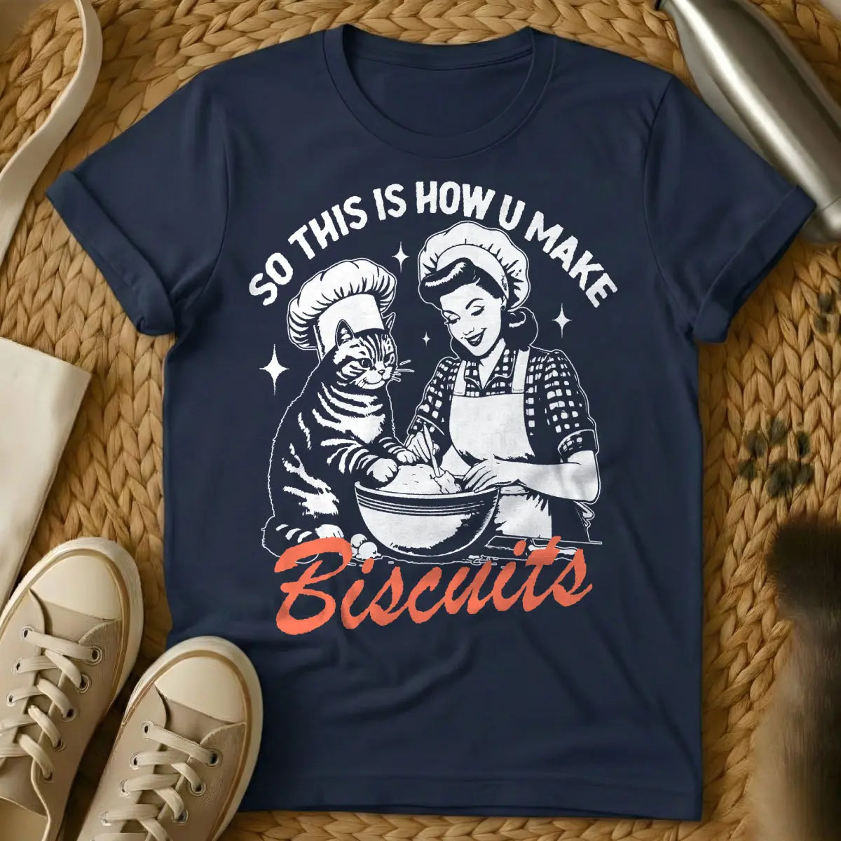 Biscuits Cat T-Shirt - Navy T-Shirt - approved surface club, biscuit making feline, cat kneading art