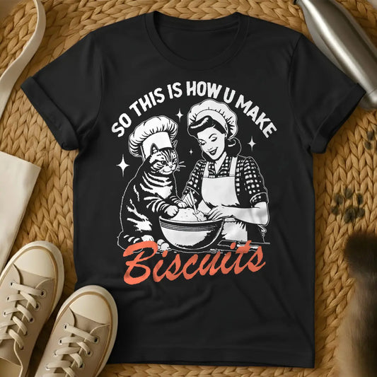 Biscuits Cat T-Shirt - Black T-Shirt - approved surface club, biscuit making feline, cat kneading art