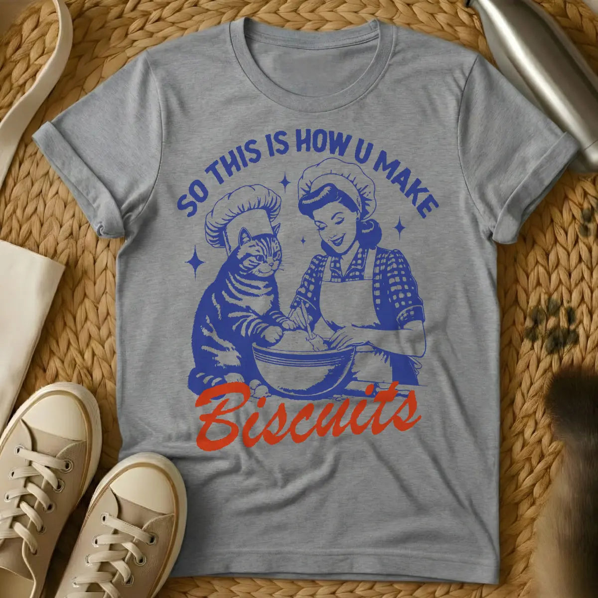Biscuits Cat T-Shirt - Gray T-Shirt - approved surface club, biscuit making feline, cat kneading art