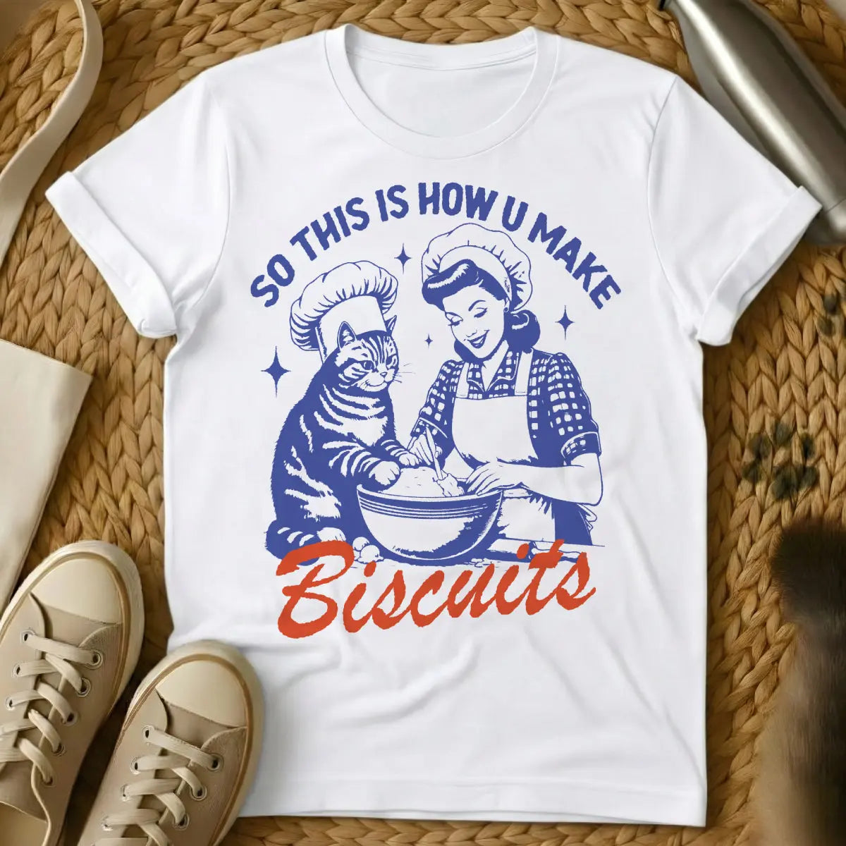 Biscuits Cat T-Shirt - White T-Shirt - approved surface club, biscuit making feline, cat kneading art