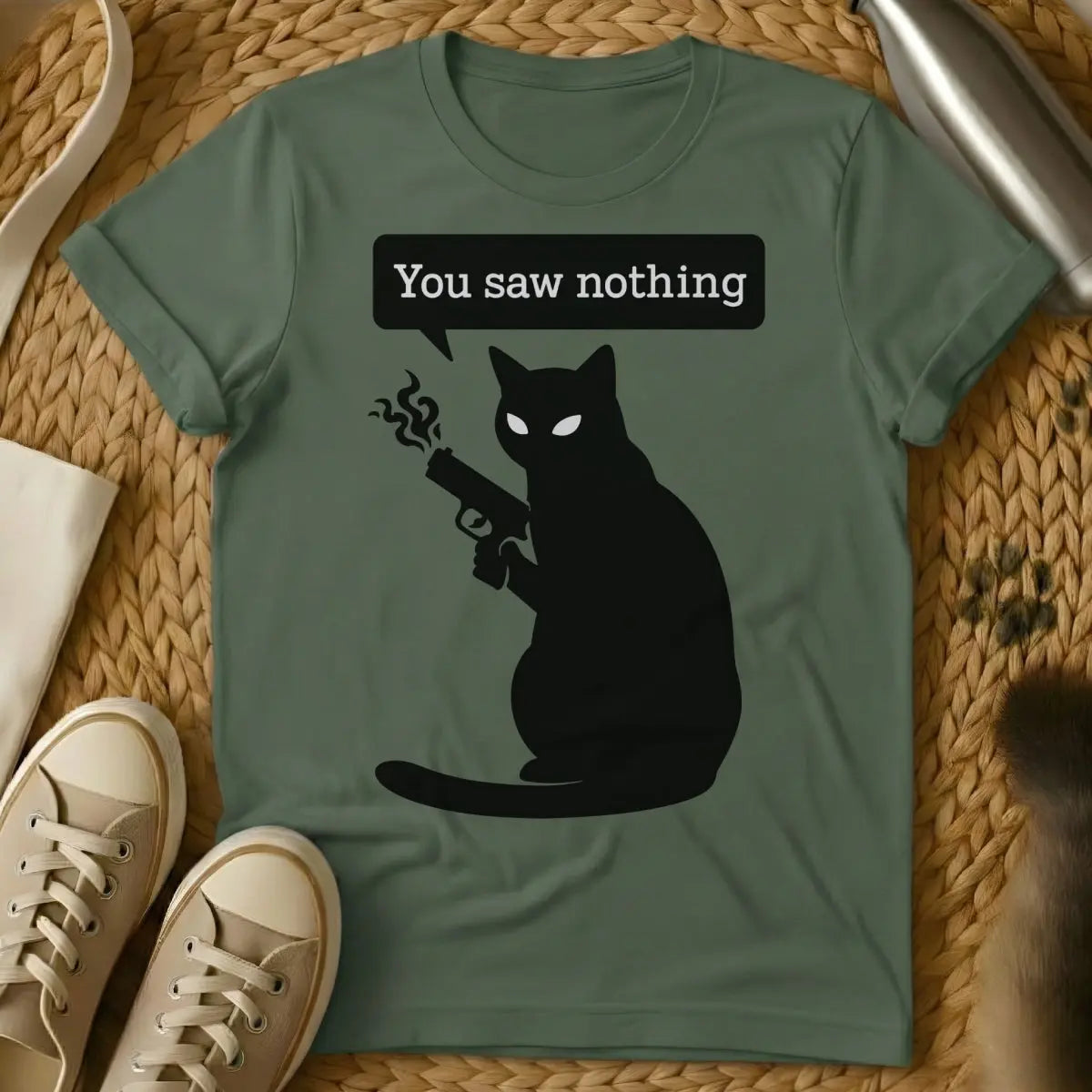 You Saw Nothing Cat Tee - Military Green Cat T-Shirt