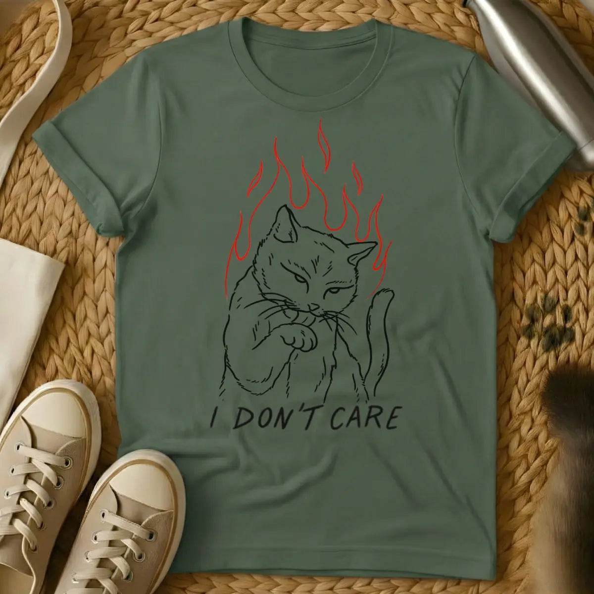 I Don't Care Cat Shirt - Military Green Cat T-Shirt