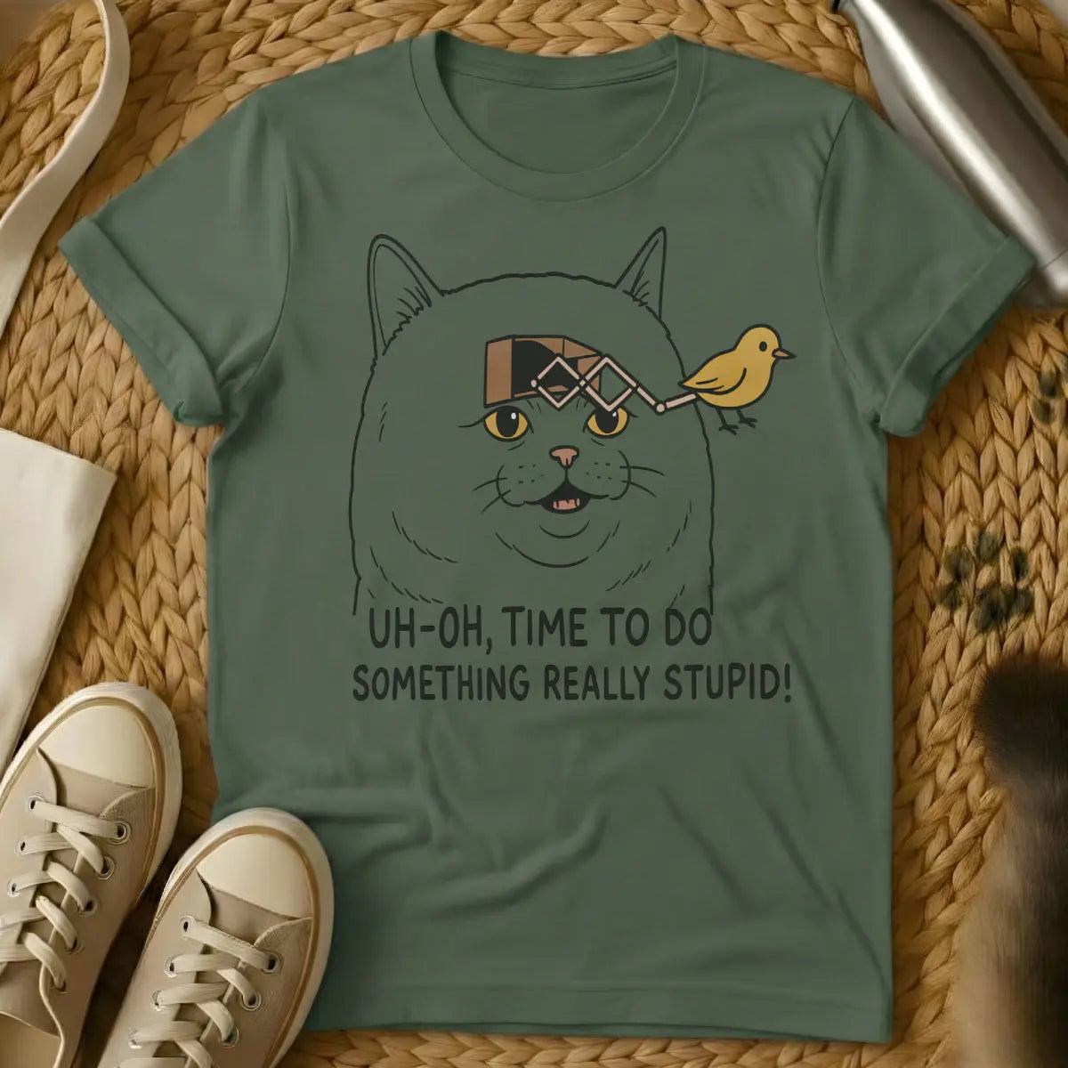 Stupid Cat Shirt - Military Green Cat T-Shirt