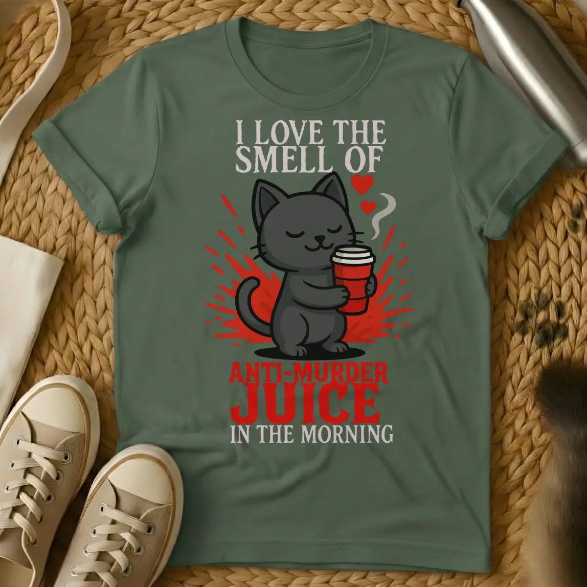 Coffee Cat T-Shirt - Military Green T-Shirt - caffeine feline, cat approved coffee, feline coffee critic