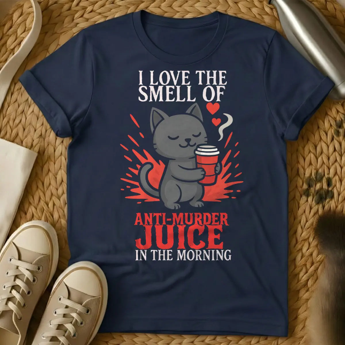 Coffee Cat T-Shirt - Navy T-Shirt - caffeine feline, cat approved coffee, feline coffee critic