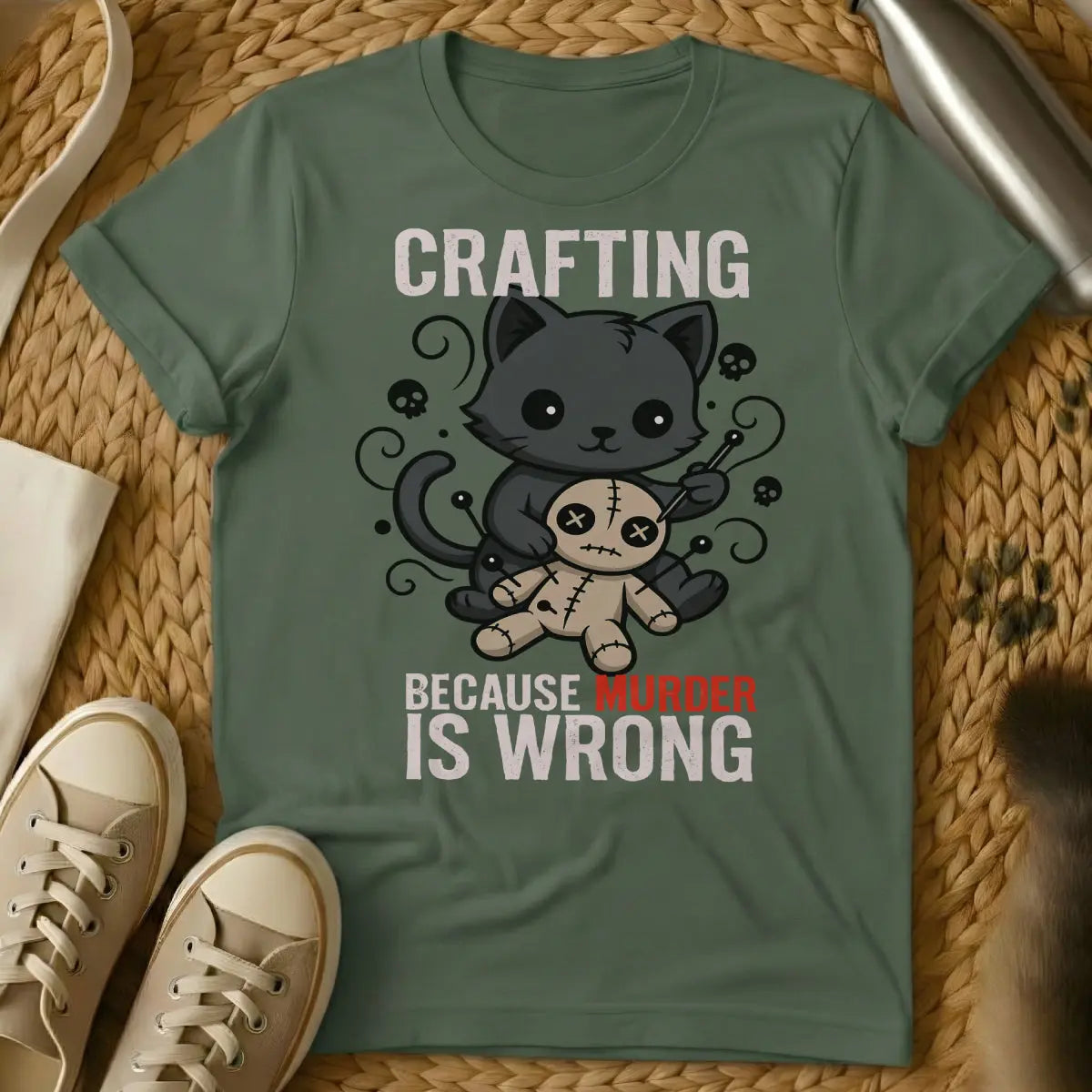 Crafting Cat Shirt - Military Green T-Shirt - crafter's companion cat, crafting project cat, creative collaborator cat