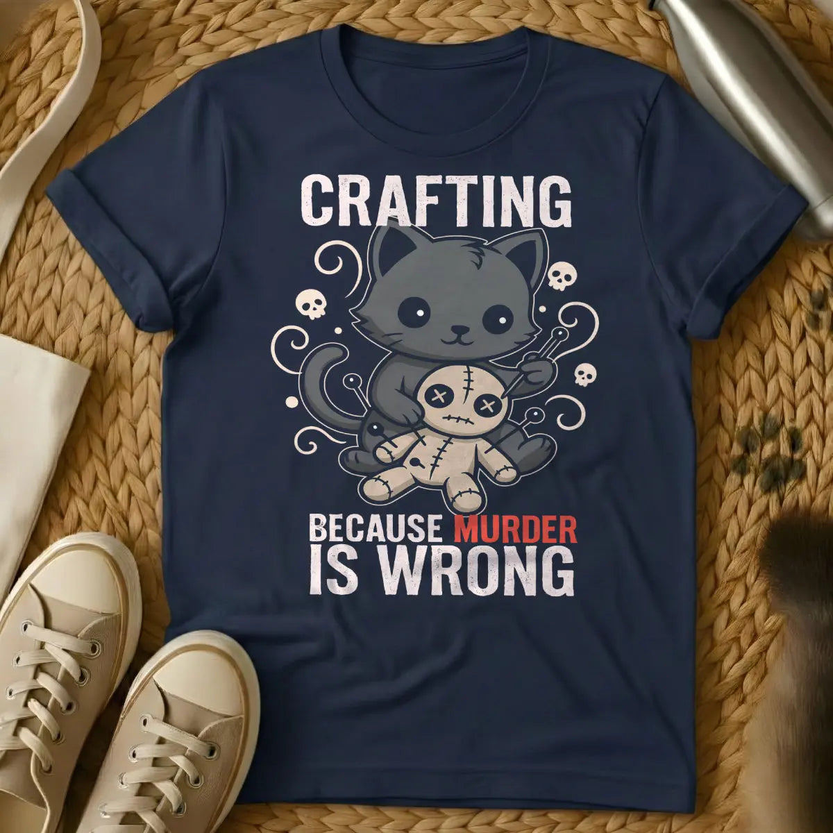 Crafting Cat Shirt - Navy T-Shirt - crafter's companion cat, crafting project cat, creative collaborator cat
