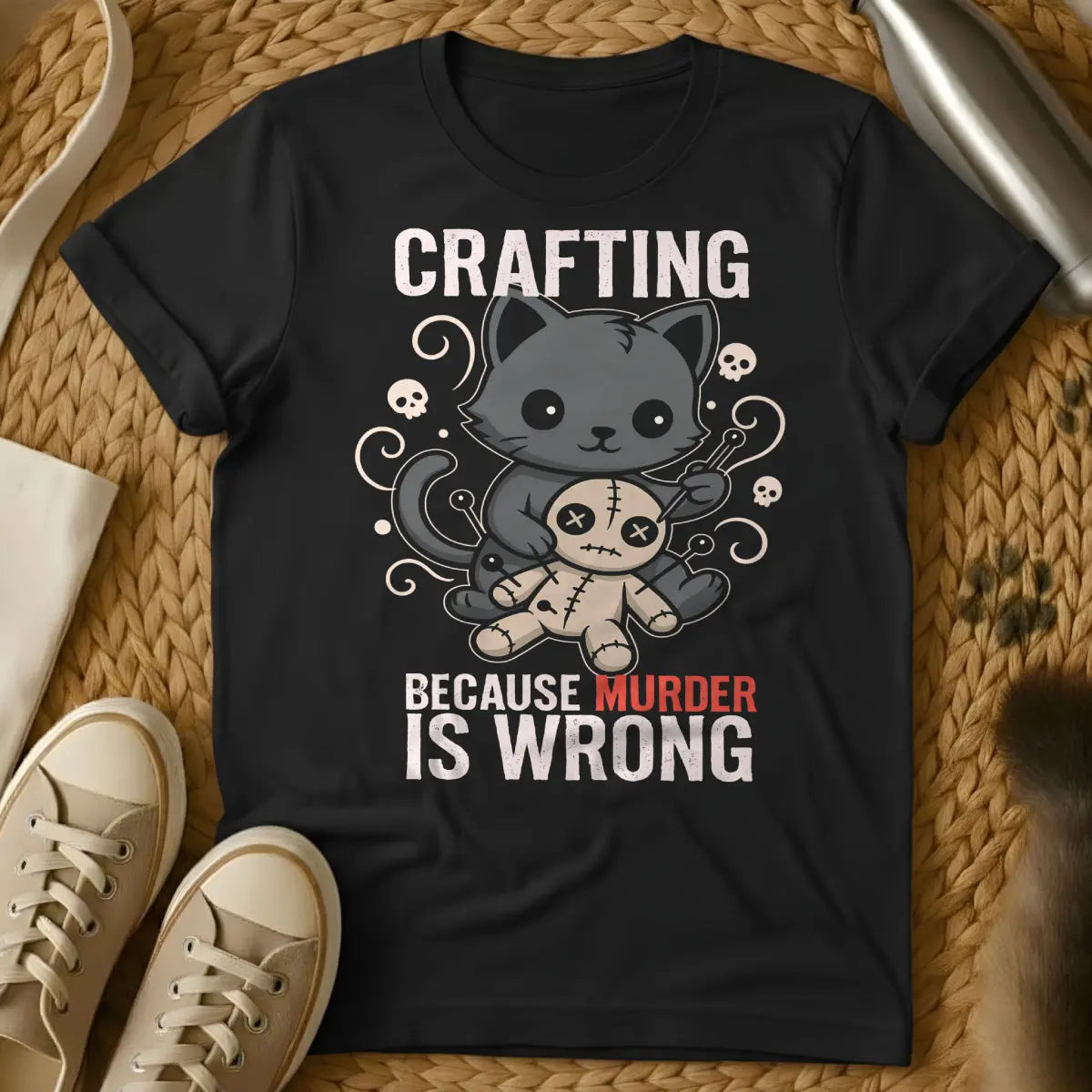 Crafting Cat Shirt - Black T-Shirt - crafter's companion cat, crafting project cat, creative collaborator cat