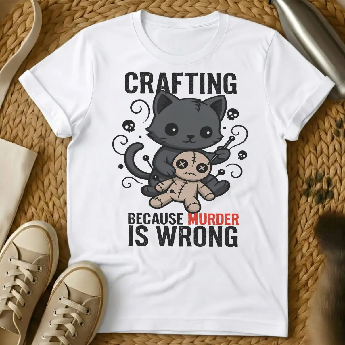 Crafting Cat Shirt - White T-Shirt - crafter's companion cat, crafting project cat, creative collaborator cat