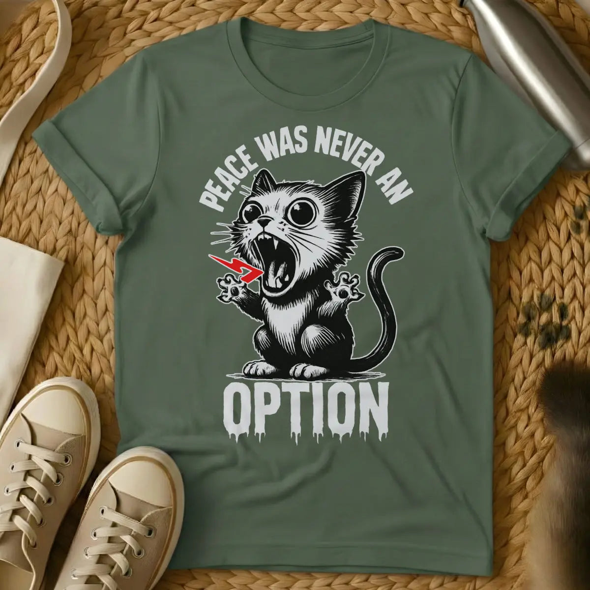 Peace Was Never an Option Cat Tee - Military Green Cat T-Shirt