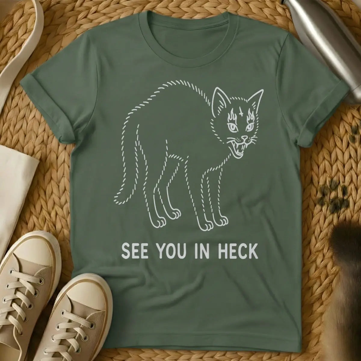 See You in Heck Cat Shirt - Military Green Cat T-Shirt