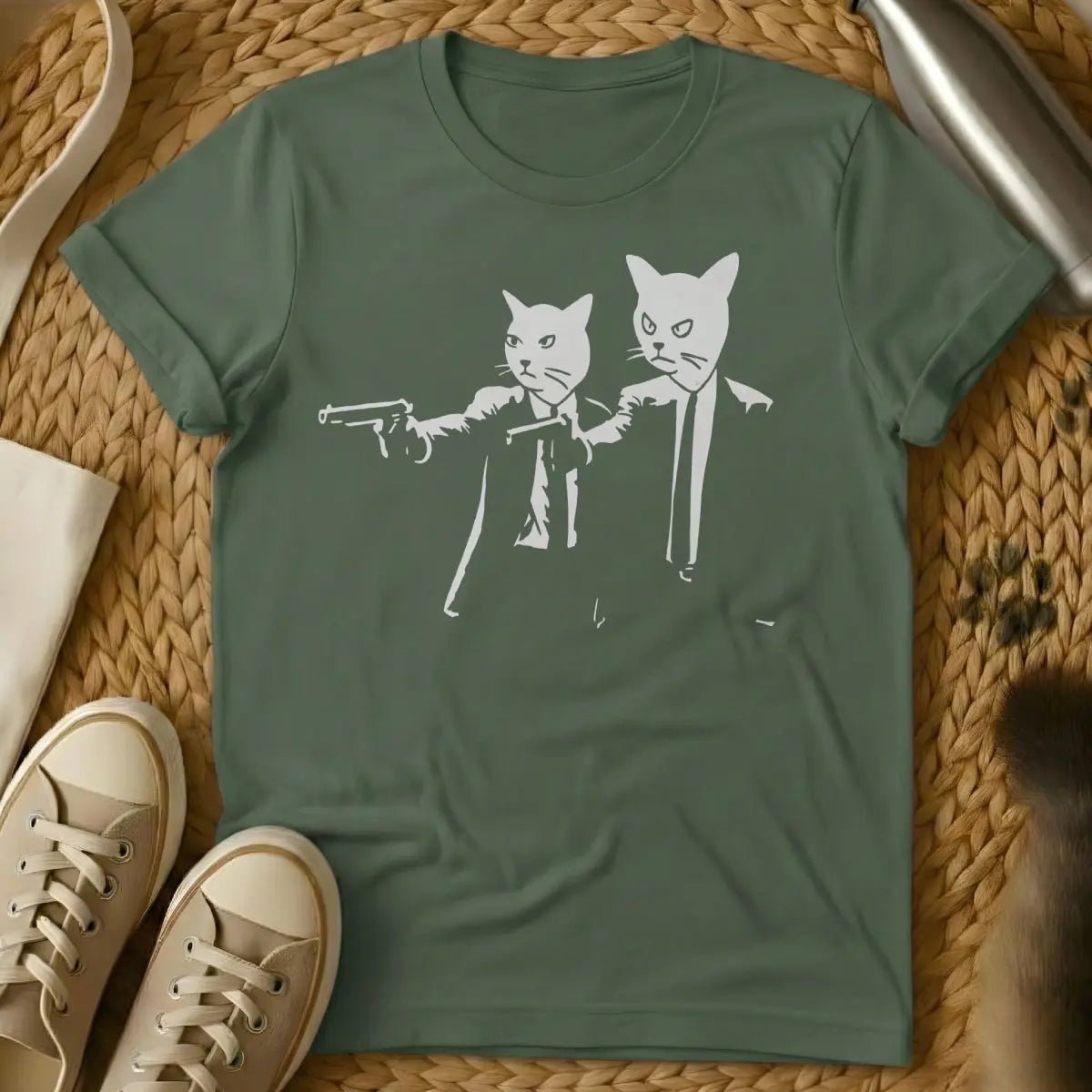 Pulp Fiction Vincent and Jules Cat T-Shirt - Military Green Cat T-Shirt