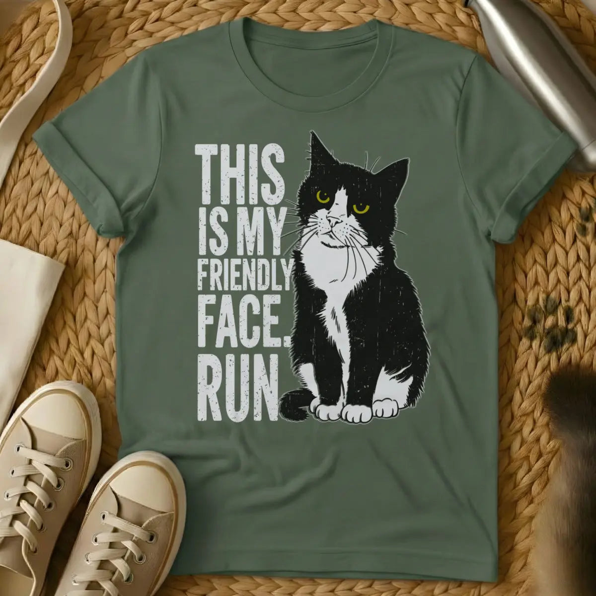 Not Friendly Cat Shirt - Military Green Cat T-Shirt