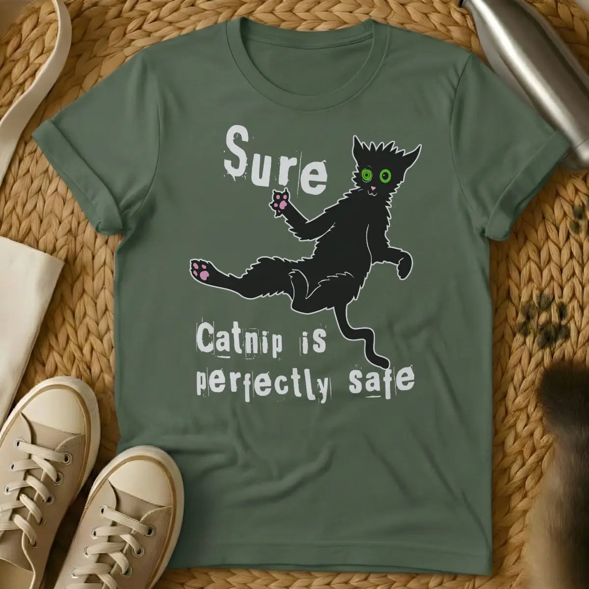 Catnip Madness Cat Shirt - Military Green T-Shirt - absurdist animal humor, catnip culture, feline behavior observation