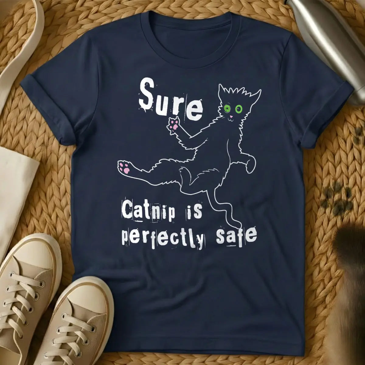 Catnip Madness Cat Shirt - Navy T-Shirt - absurdist animal humor, catnip culture, feline behavior observation
