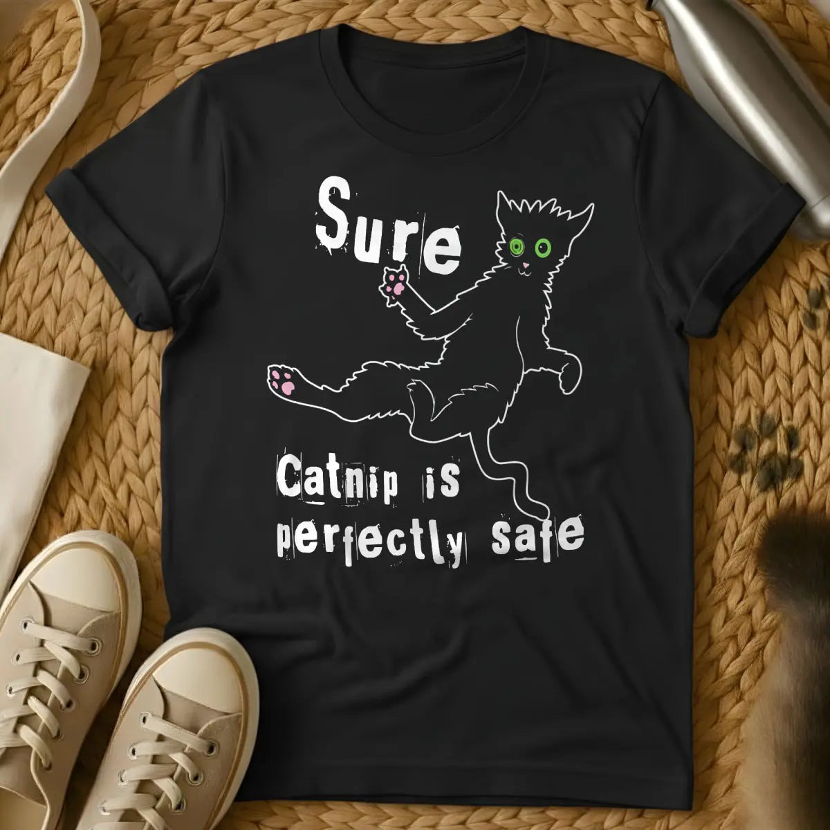 Catnip Madness Cat Shirt - Black T-Shirt - absurdist animal humor, catnip culture, feline behavior observation