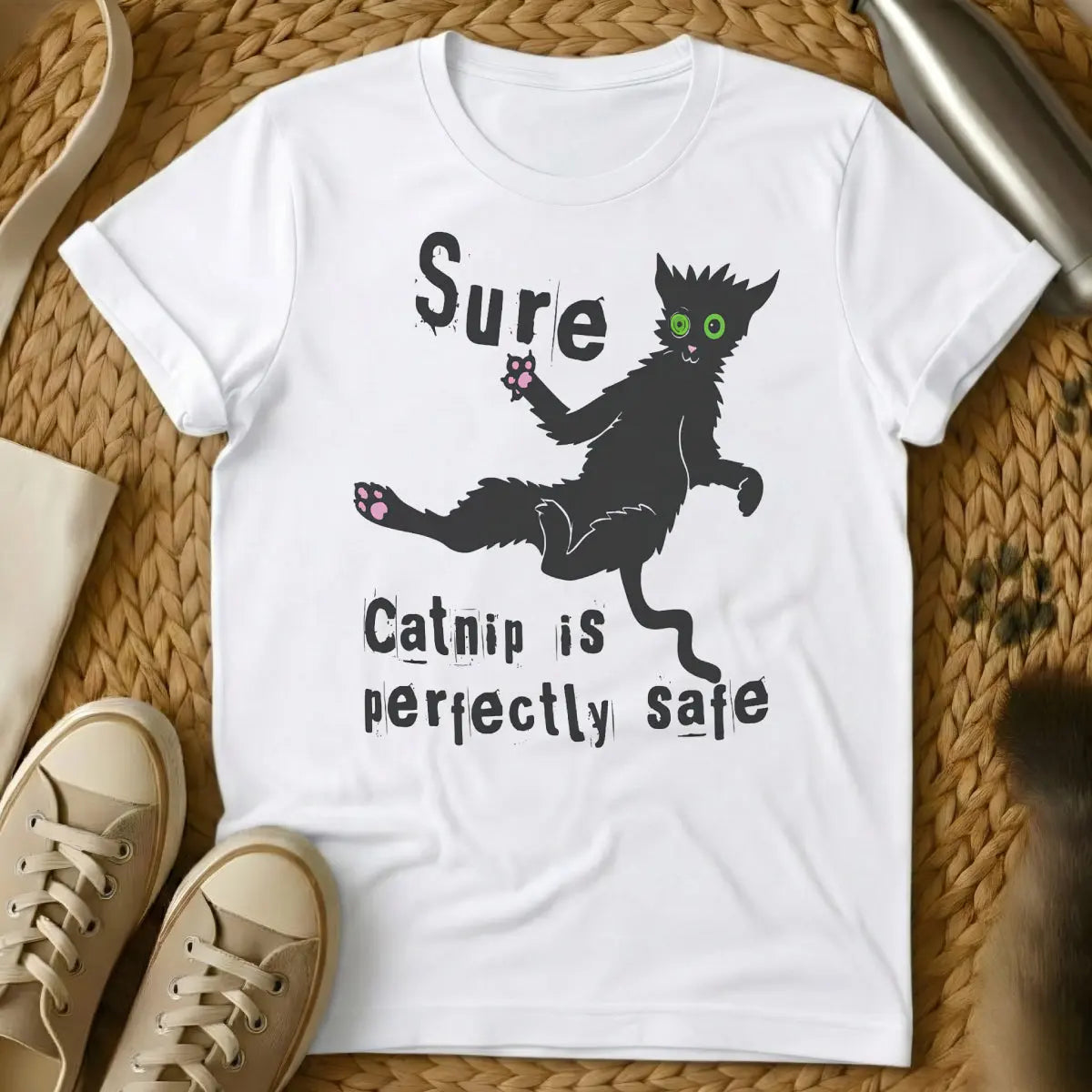 Catnip Madness Cat Shirt - White T-Shirt - absurdist animal humor, catnip culture, feline behavior observation