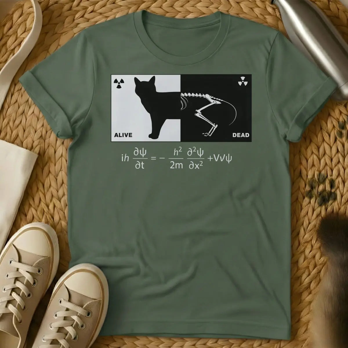 Schrödinger's Cat Shirt - Military Green Cat T-Shirt