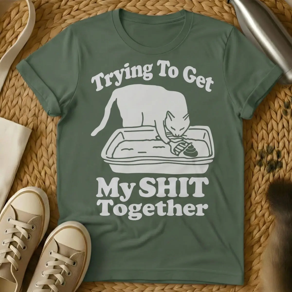 Getting My Sh*t Together Cat Shirt - Military Green Cat T-Shirt