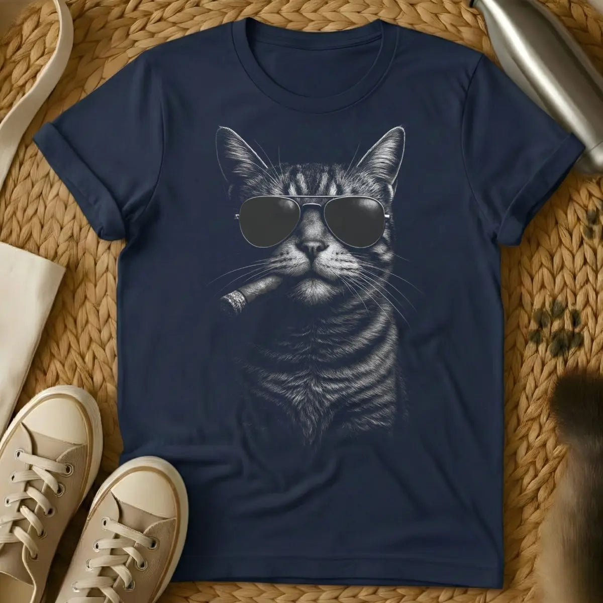 Cigar Cat Shirt - Navy T-Shirt - dark academia, gentleman's club, noir aesthetic