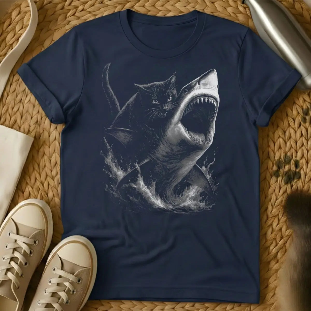 Cat Riding Shark Shirt - Navy T-Shirt - absurdist animalia, feline overlord, interspecies powerplay