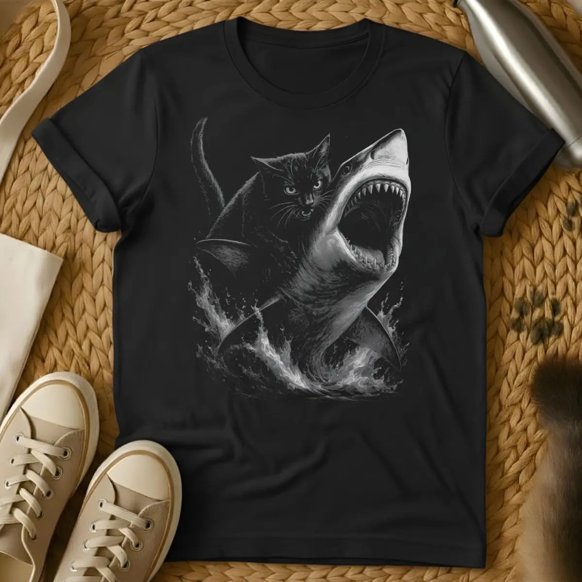 Cat Riding Shark Shirt - Black T-Shirt - absurdist animalia, feline overlord, interspecies powerplay