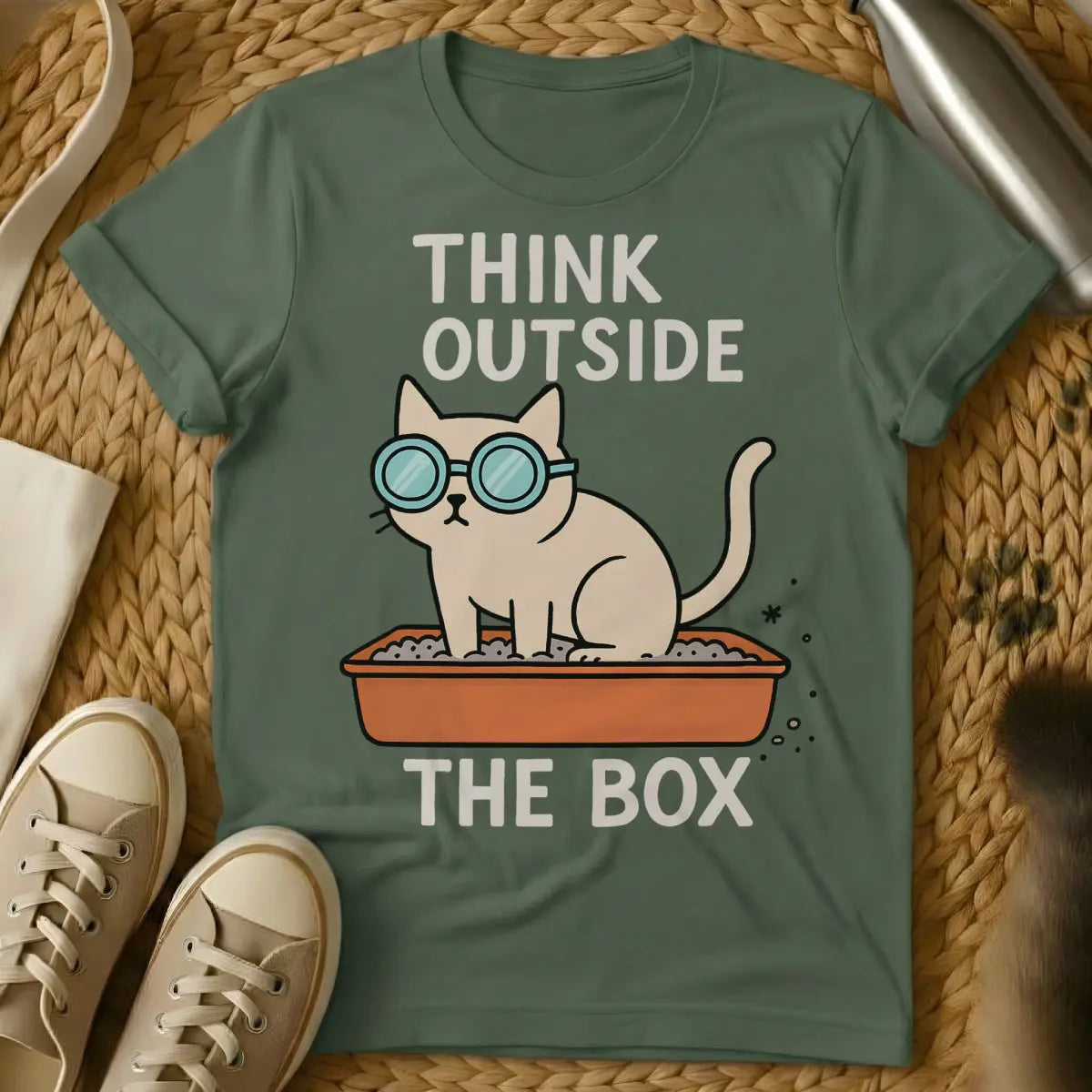 Think Outside the Box Cat Shirt - Military Green Cat T-Shirt