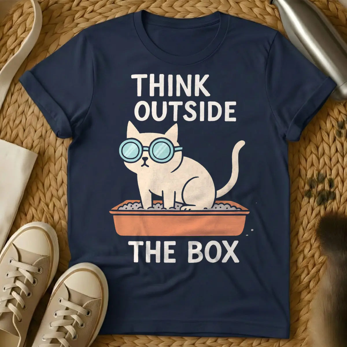 Think Outside the Box Cat Shirt - Navy Cat T-Shirt