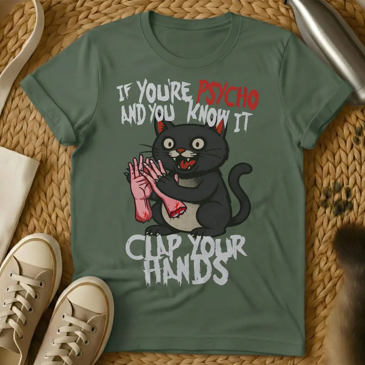 Psycho Cat Shirt - Military Green Cat T-Shirt