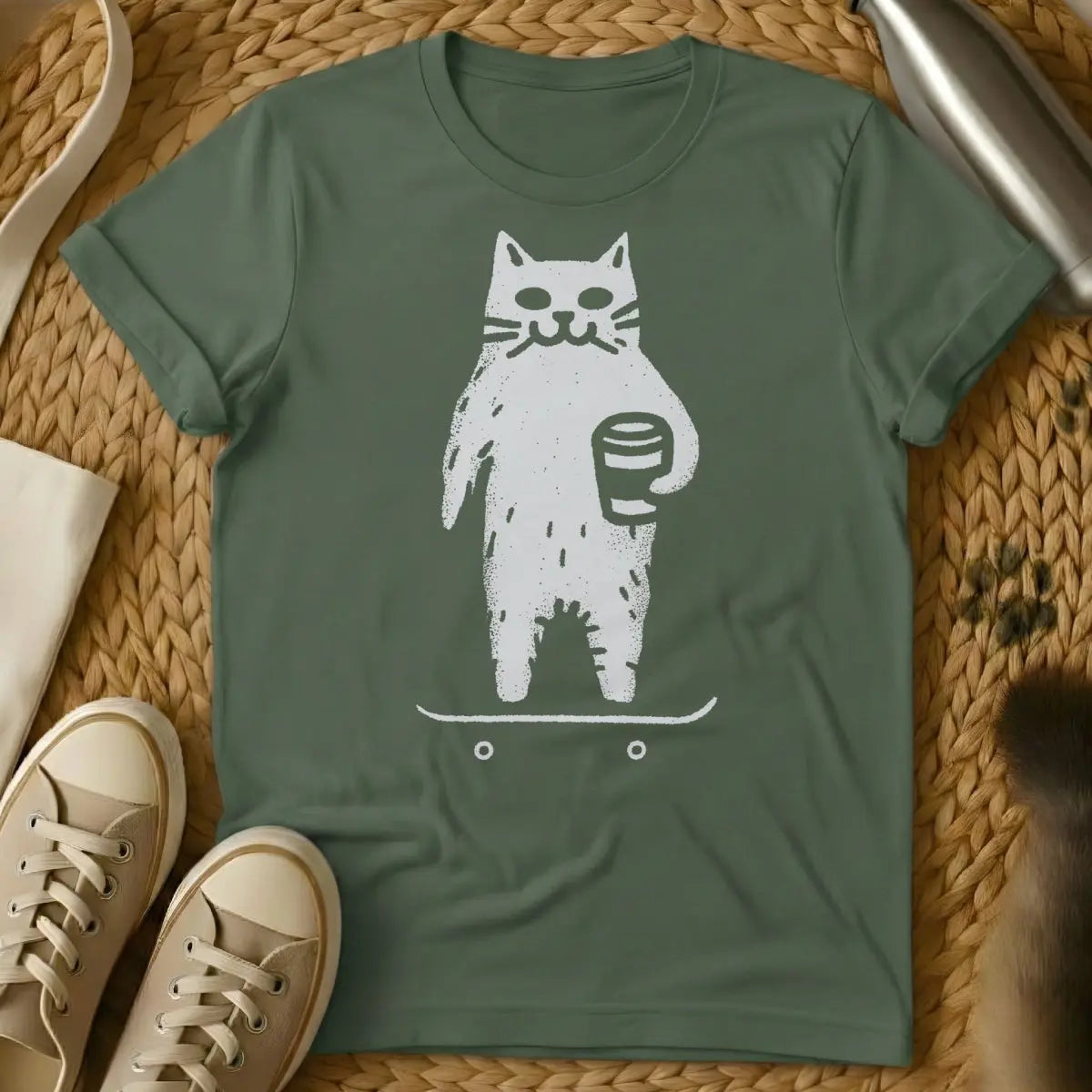 Skater Cat Shirt - Military Green Cat T-Shirt