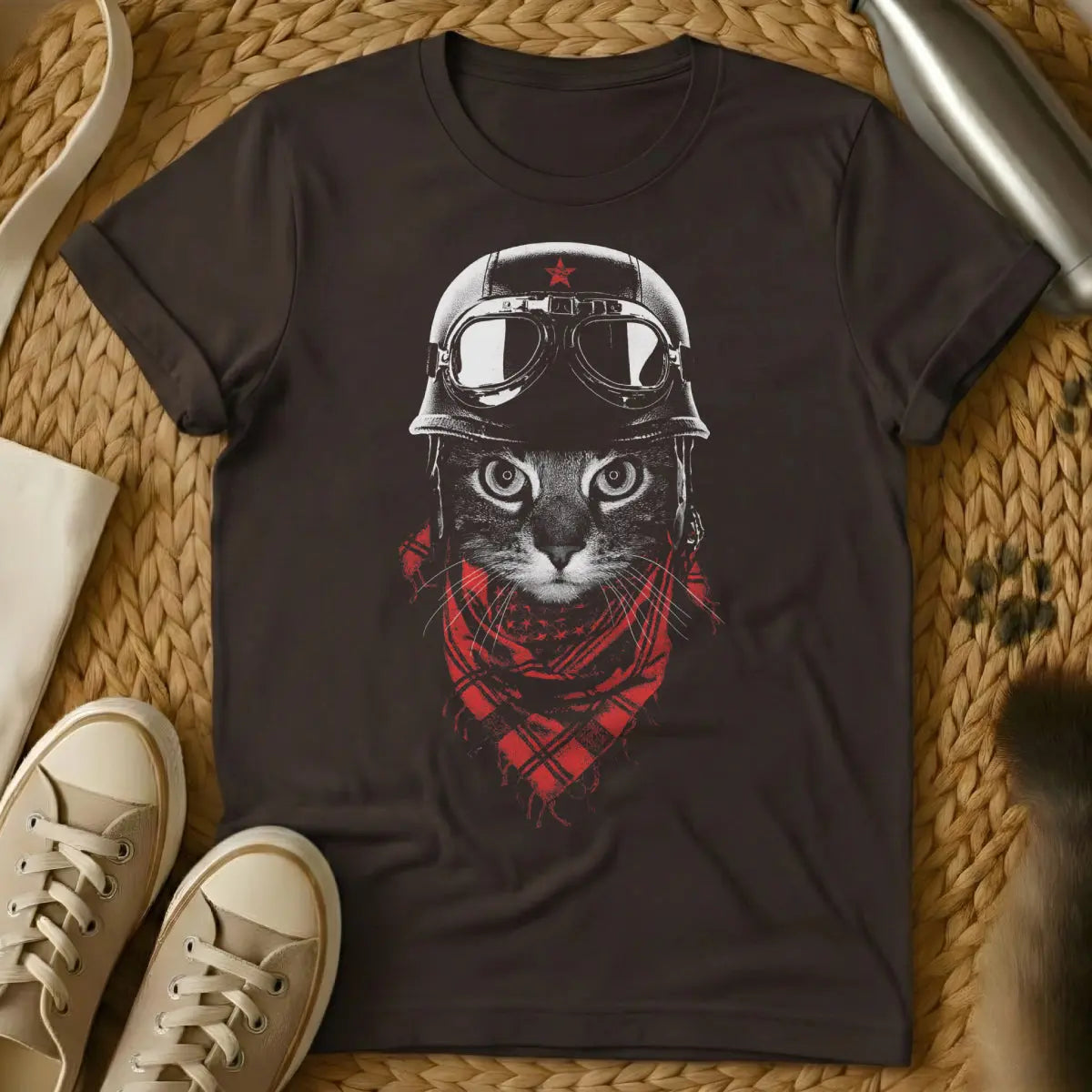 Biker Cat Shirt - Dark Chocolate T-Shirt - motorcycle culture art, open highway motif, outlaw pet