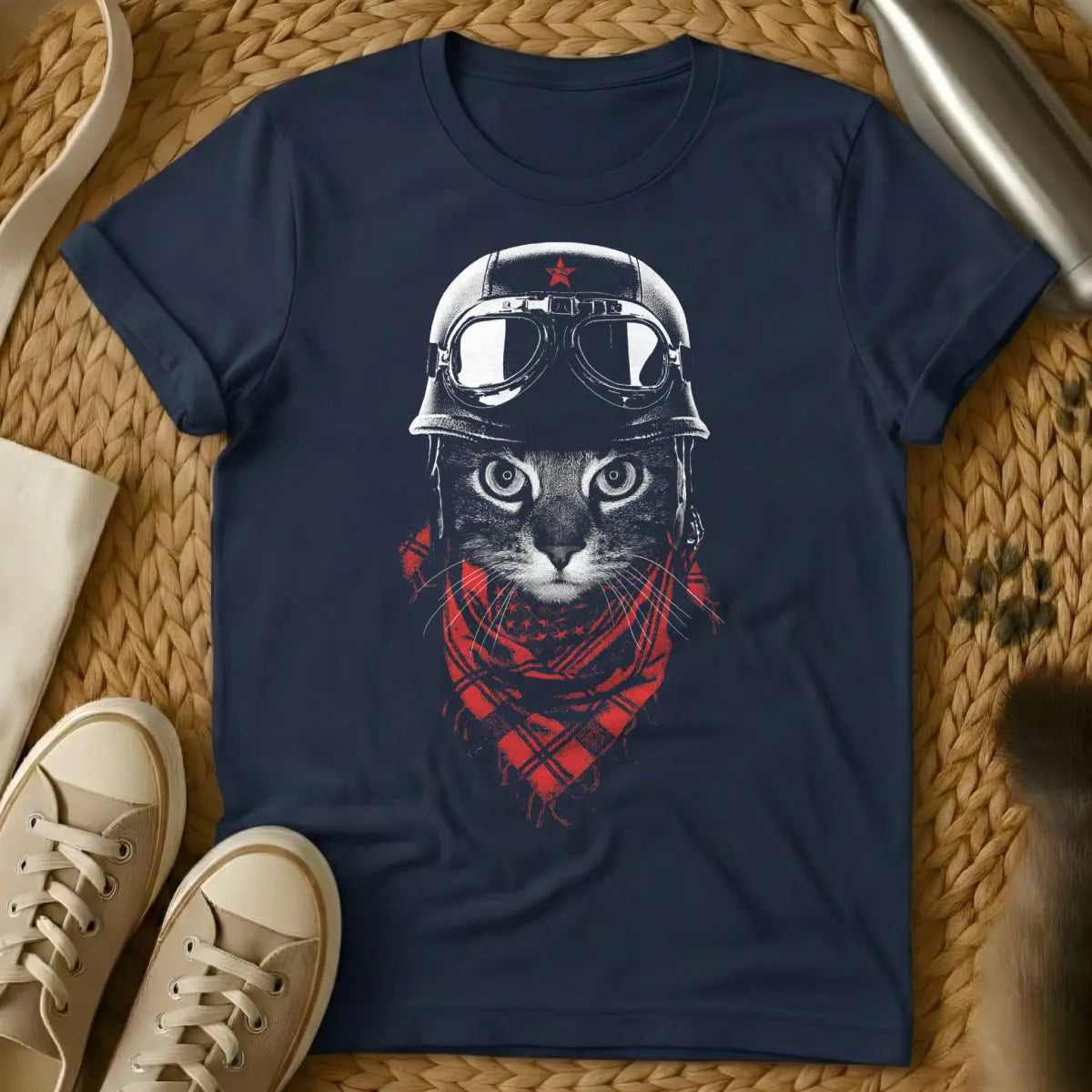 Biker Cat Shirt - Navy T-Shirt - motorcycle culture art, open highway motif, outlaw pet