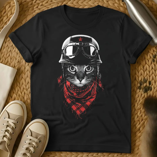 Biker Cat Shirt - Black T-Shirt - motorcycle culture art, open highway motif, outlaw pet