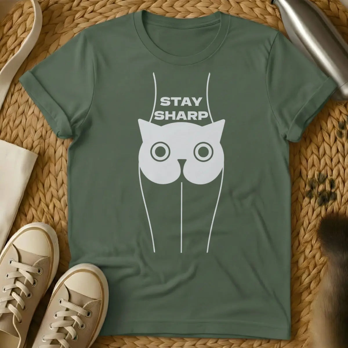 Stay Sharp Cat Shirt - Military Green Cat T-Shirt